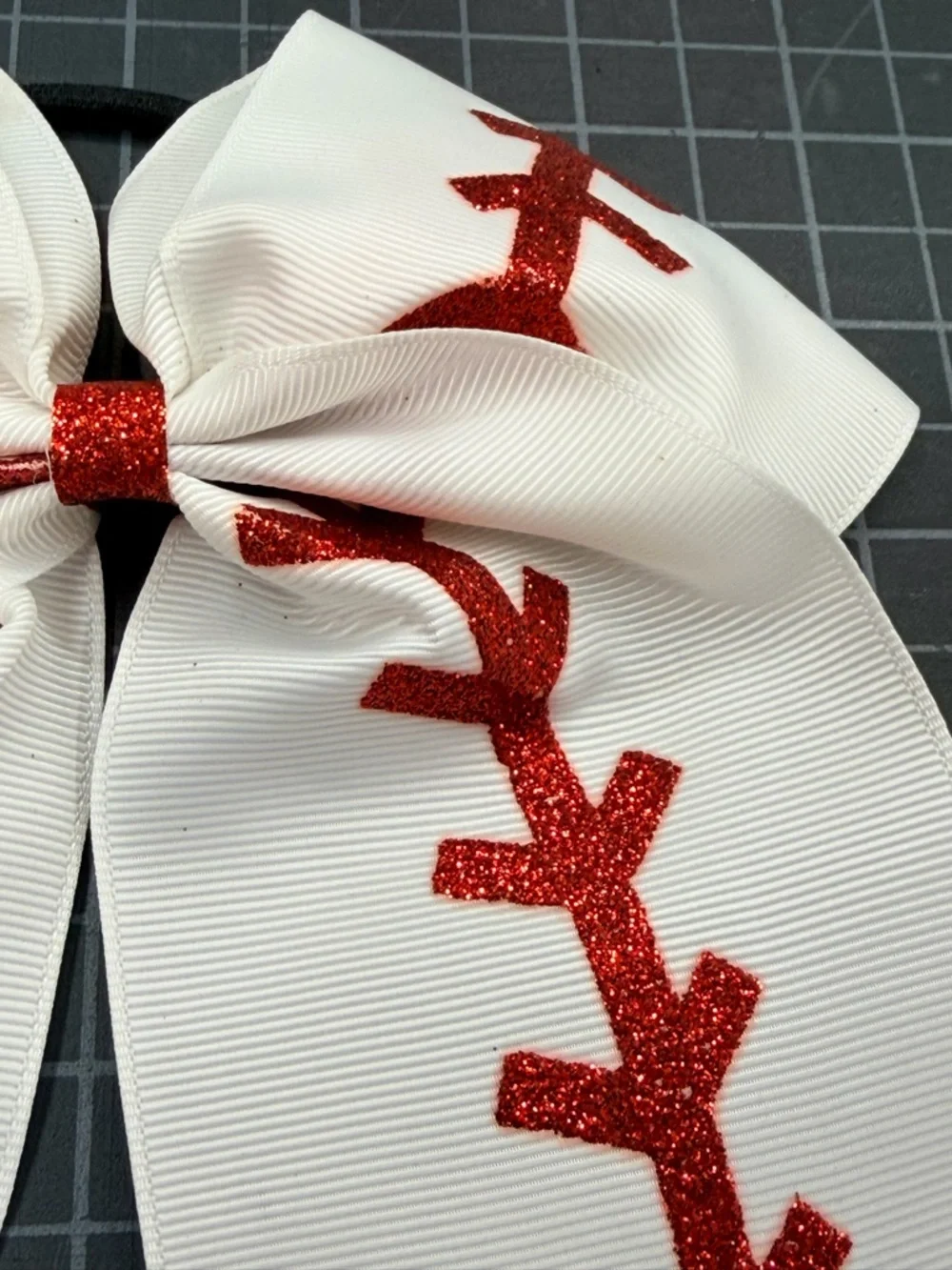 White Cheer Baseball Bow with Red Glitter Stitch Detail